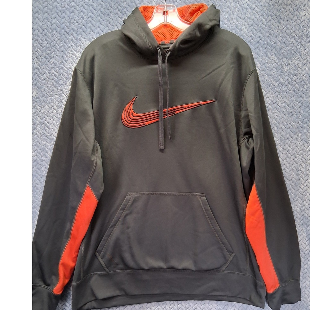 Nike Therma-FIT Hoodie Mens Large Gray Orange Embroidered Swoosh Sweatshirt
